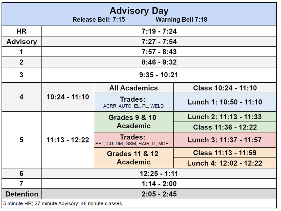 Advisory Day Bell Schedule