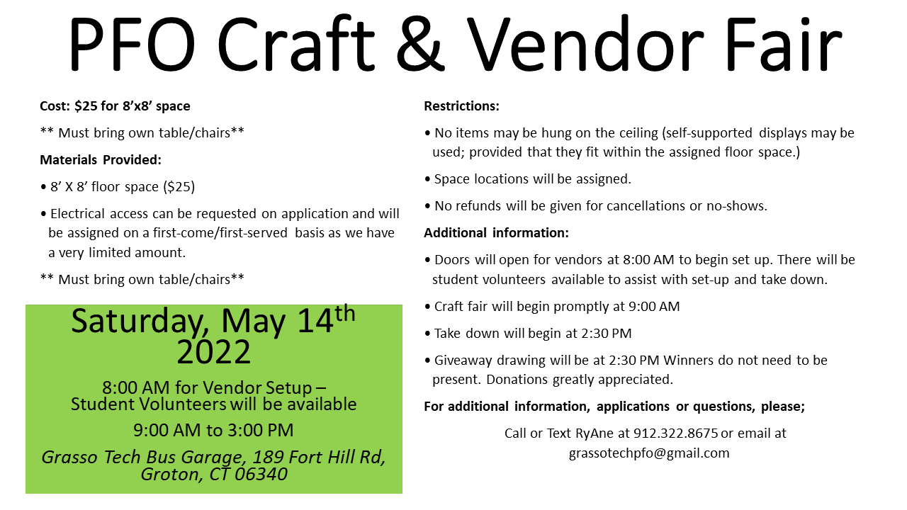 Grasso Tech Parent Faculty Organization Craft and Vendor Fair Information