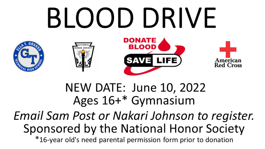 Grasso Tech Blood Drive, June 10 2022 - New Date