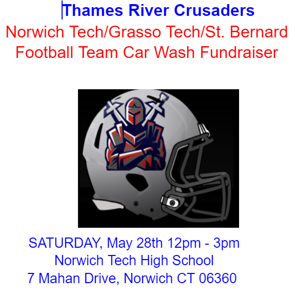 Car Wash May 28, 2022 to benefit the Crusaders Football Team - Norwich Tech 12:00 PM to 3:00 PM 7 Mahan Drive, Norwich CT 06360