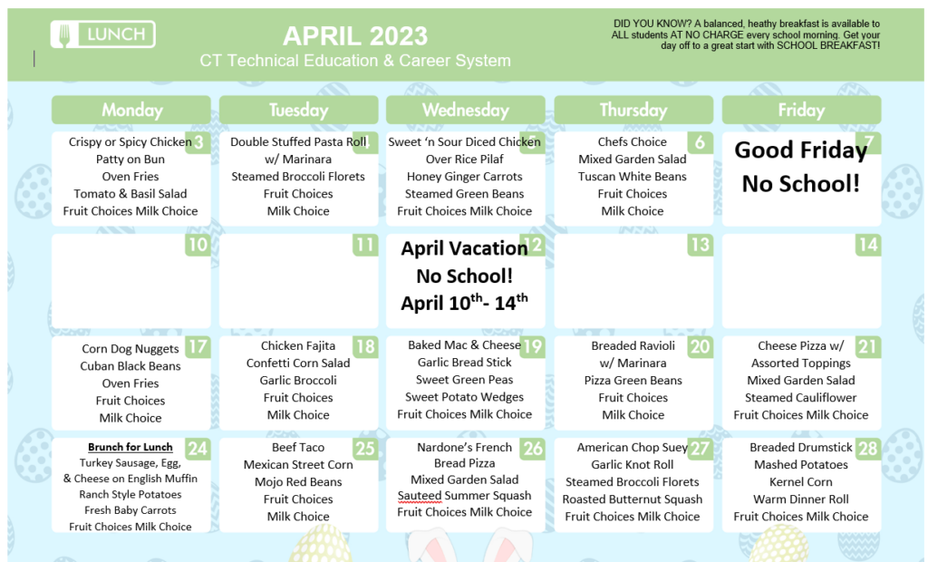 Cafeteria Menu for the Month of April 2023 - CTEAC