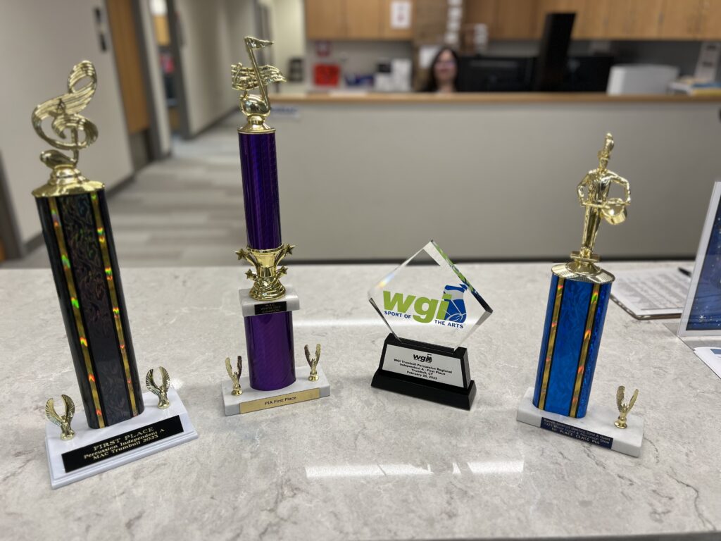 SEC Percussion Group's array of trophies from the recent championship event held in Trumbull, Connecticut.