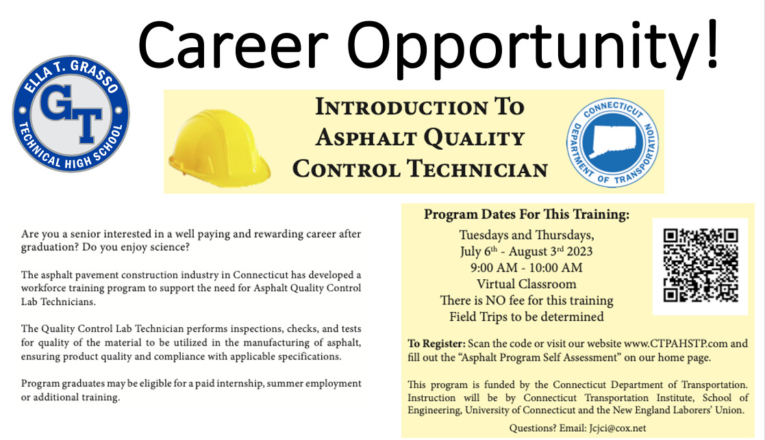 Flyer for career as an Asphalt Quality Control Technician virtual job training sessions on Tuesdays and Thursdays from July 6, 2023 to August 3, 2023. Visit www.ctpahstp.com for more information concerning training sessions.