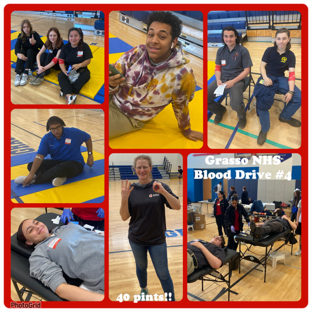 Collage of pictures from the fourth and final blood drive of the 2023 school year sponsored by the Grasso Tech National Honor Society Chapter.