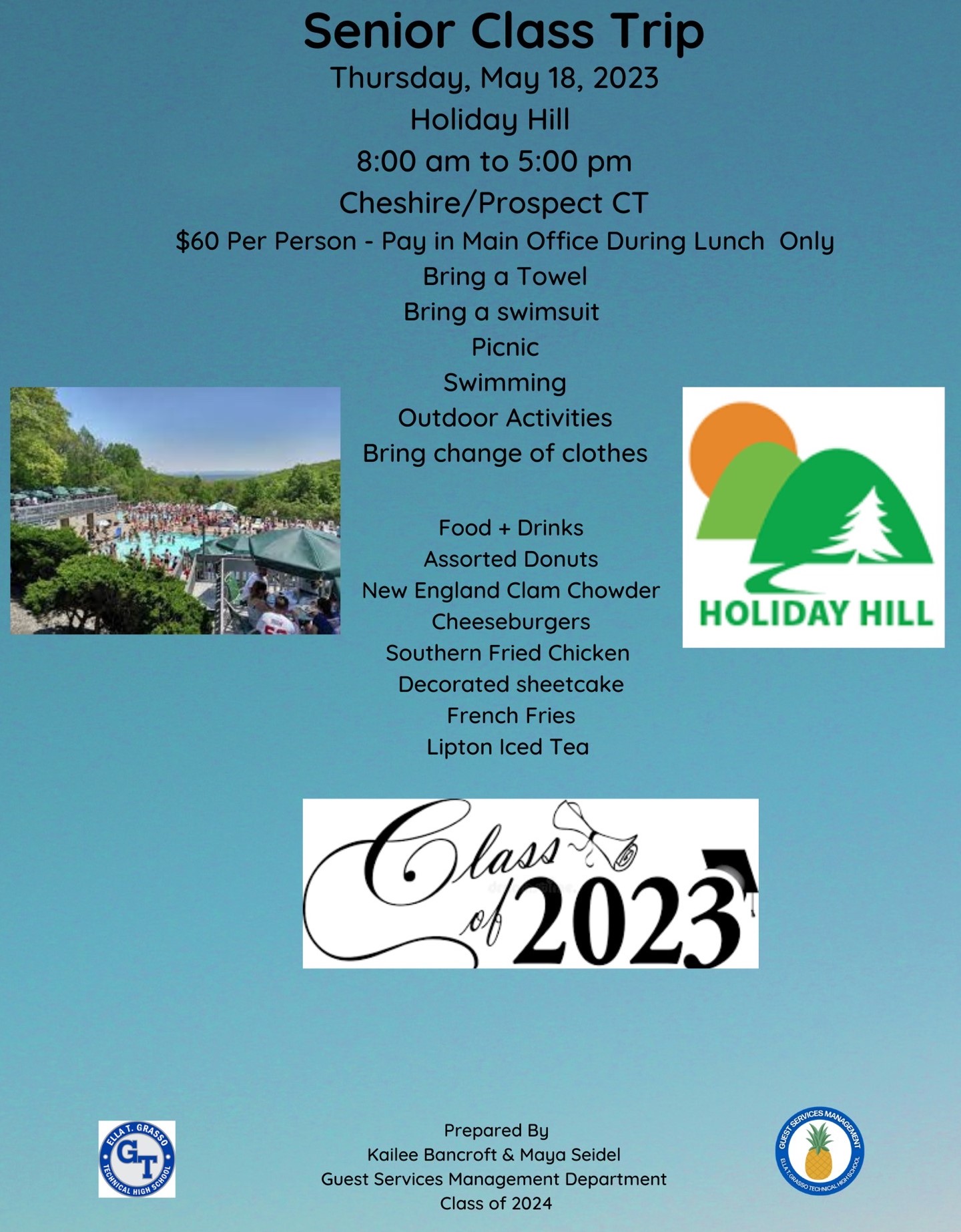 Poster advertising the 2023 Senior Class Trip to Holiday Hill on May 18th