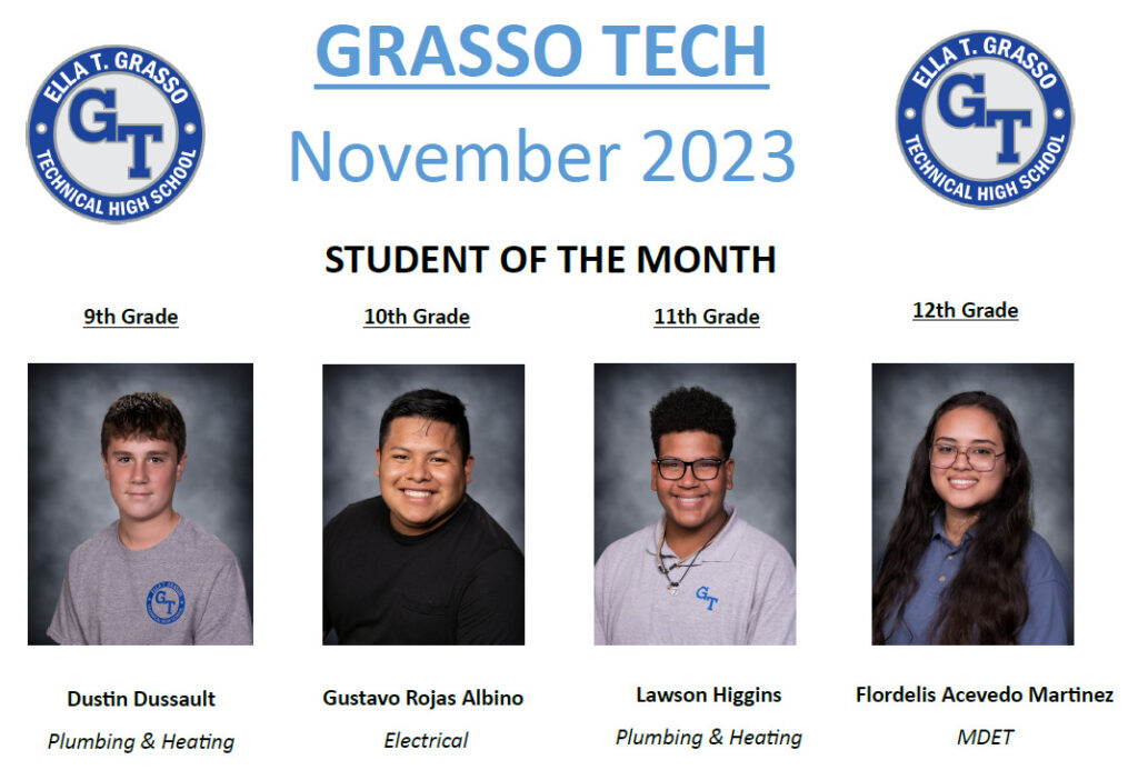 Students of the Month for November 2023 at Grasso Tech.