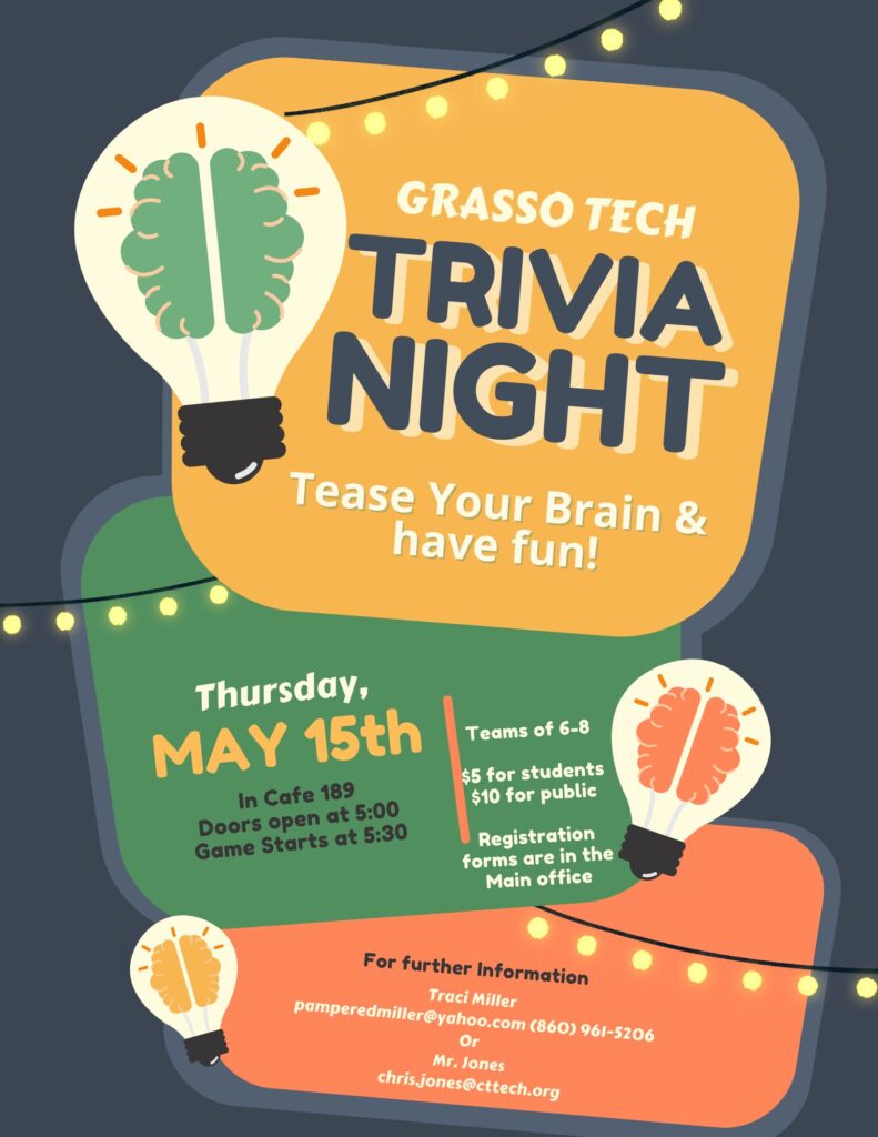 PFO – Trivia Night 5-15-25 Trivia Night Flyer for Grasso Tech PFO fundraiser on May 15, 2025
