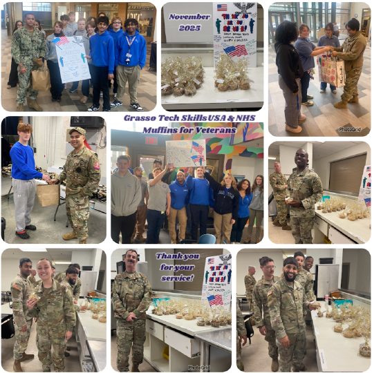 Grasso SkillsUSA students providing muffins baked by Grasso Culinary Arts students to local service members and veterans during the week of veteran's day 2025!